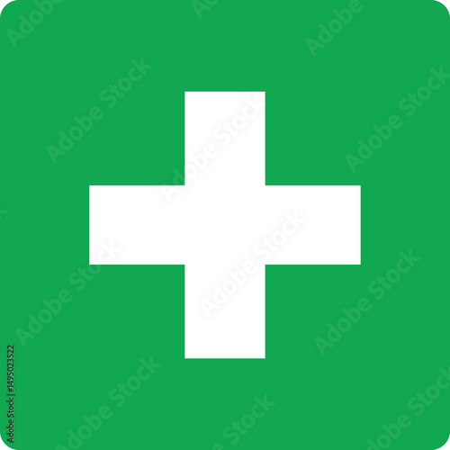 first aid symbol with white cross on green background