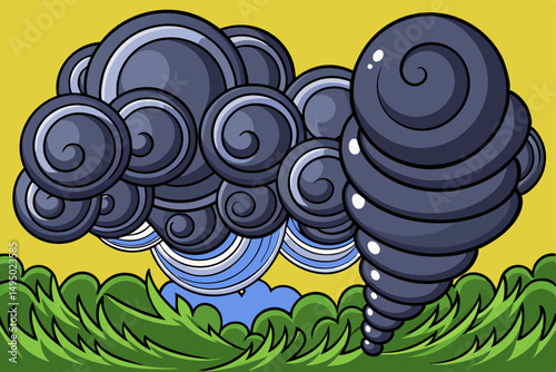 Dark stormy sky with swirling tornado over field vector illustration