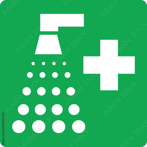 emergency safety shower and first aid cross sign on green background