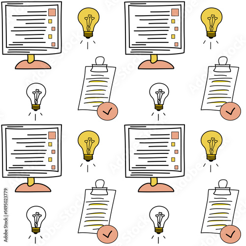 Vector seamless pattern with monitors, idea bulbs, and checklists. Perfect for educational websites, e-learning platforms, and online productivity tools.