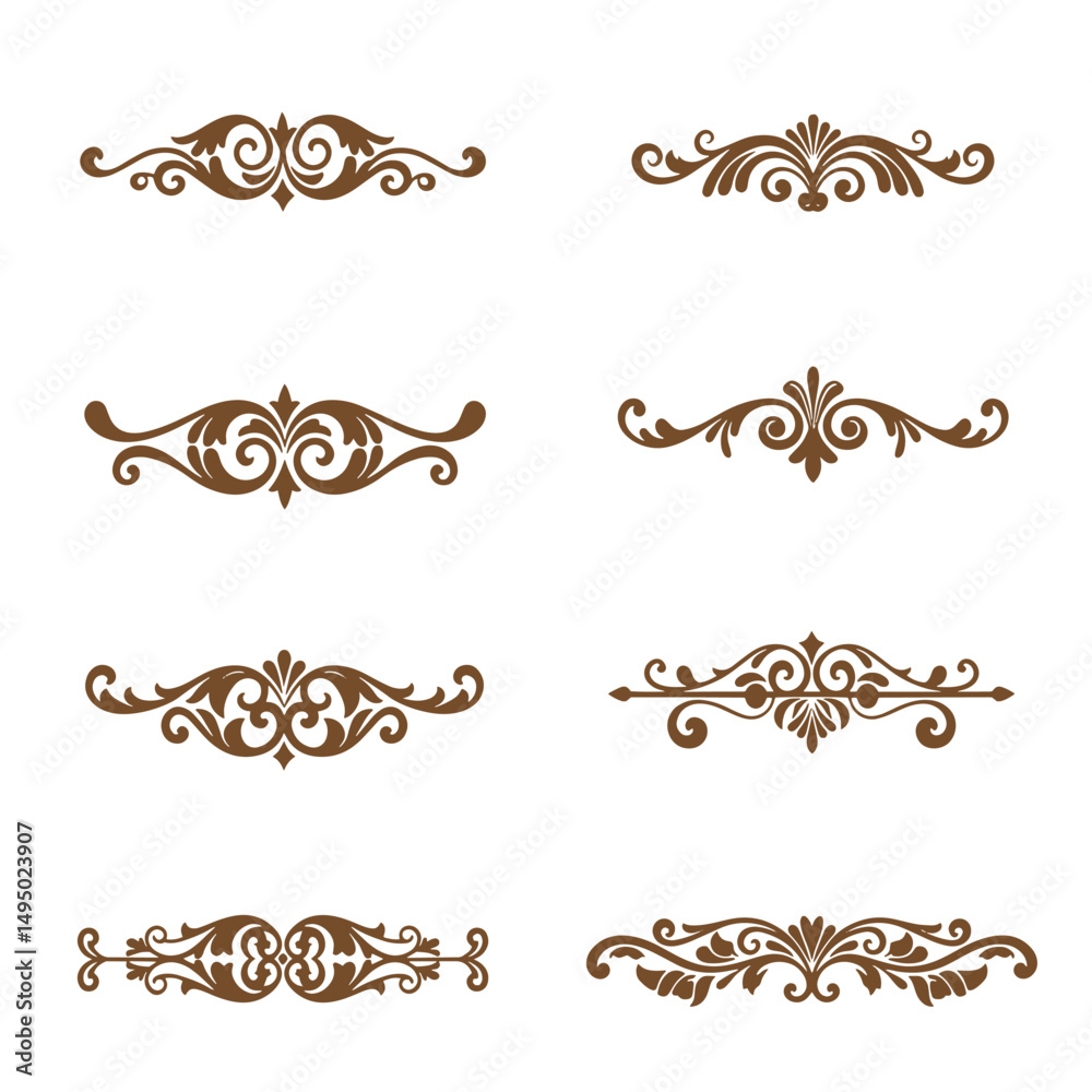 Elegant ornamental decorative elements in brown color for design and border decoration on white background