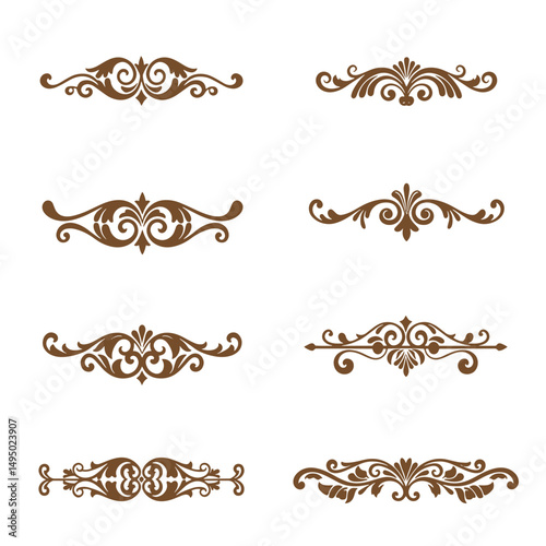 Elegant ornamental decorative elements in brown color for design and border decoration on white background