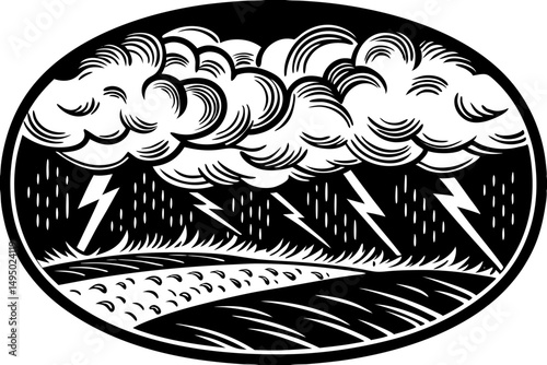 Violent Thunderstorm Rolling Over Open Plain Vector Illustration