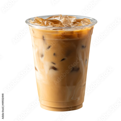 Close-up view of an iced coffee beverage in a disposable clear plastic cup.  The drink is a light brown color and filled with ice cubes.