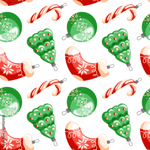 Christmas tree toys seamless pattern in cartoon. Christmas sock, tree, candy cane and balls decoration for holiday package design on a white background.