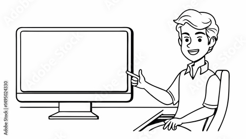 Young man enthusiastically pointing to a blank computer screen in a line drawing