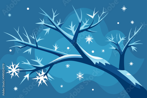 Frozen Branches with Snowflakes Clean Style Vector Illustration