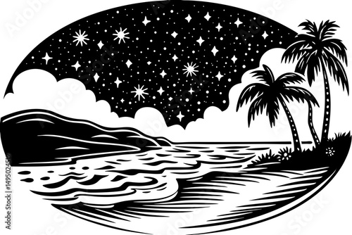 Peaceful beach under the Milky Way galaxy vector illustration