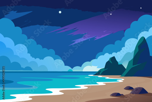peaceful beach under milky way vector illustration