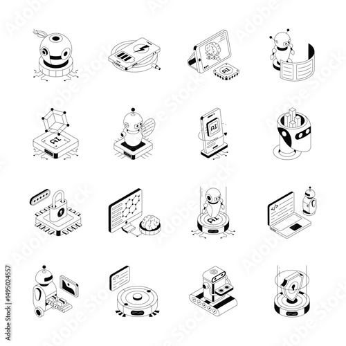 Handy bundle of futuristic technology isometric outline icons