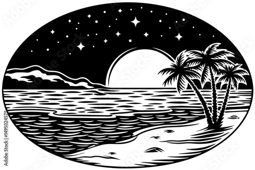 Peaceful beach under the milky way vector illustration