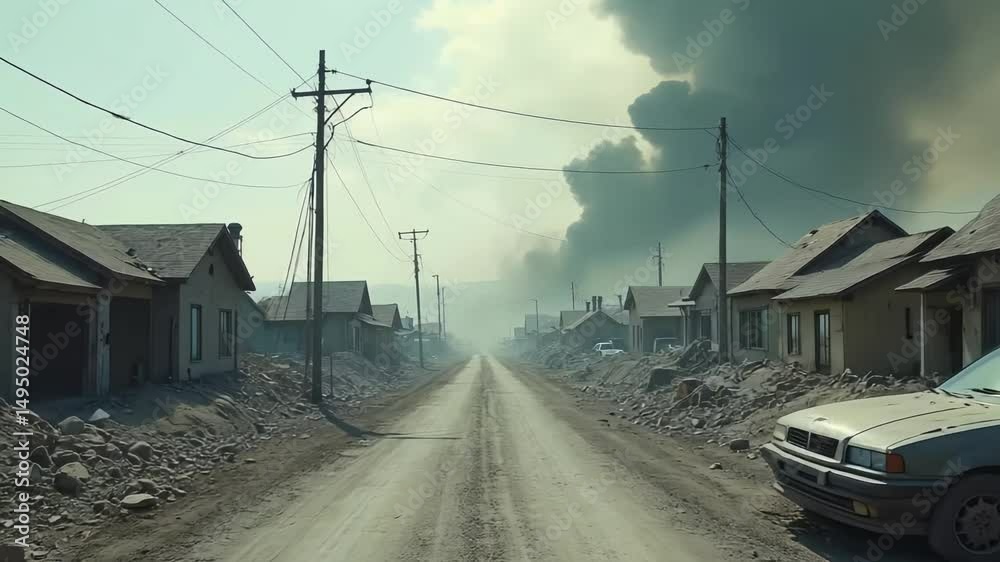 A desolate road stretches through a deserted village, surrounded by smoke A desolate road stretches through a deserted village, surrounded by smoke