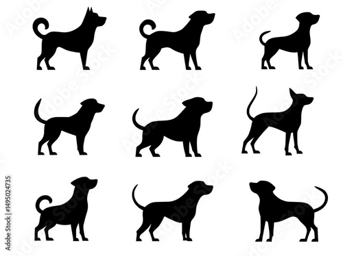 Isolated icons of canine companions, including a pointer dog silhouette, with various sizes and breeds of black dogs, like retriever, labrador, shepherd, dachshund, and pug