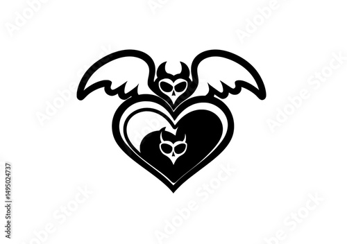 The icon set, depicting a heart with angelic and demonic features such as horns, tail, wings, and halo, is presented in a modern, flat design on a white background