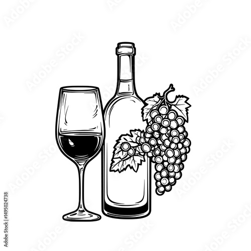 A simple illustration of a wine bottle line is used in menu design as an outline doodle drawing to draw an icon in modern form