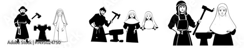 A modern illustration shows the inhabitants of a medieval city, including characters such as a guard, nun, and blacksmith