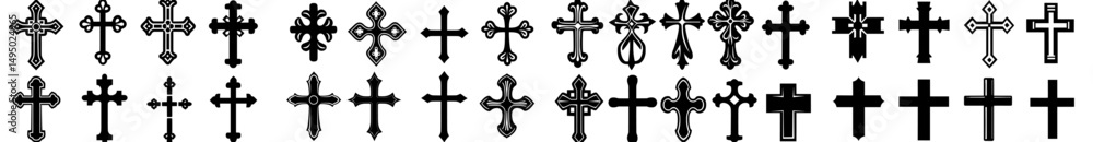Collection of Christian cross silhouettes in different styles isolated on a white background
