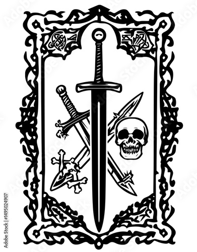 The illustration showcases an antique skull and sword in a dark eyes engraving style design
