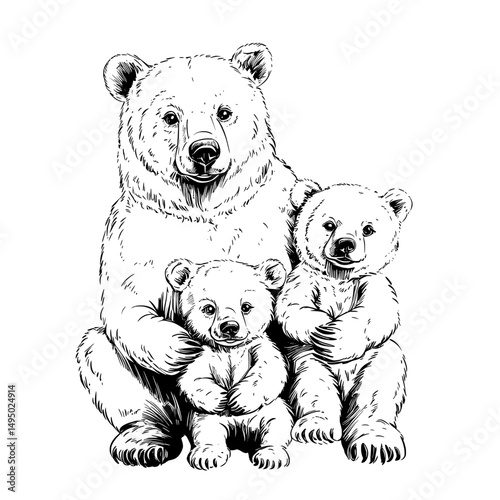 Draw the outline of isolated bears, placing them on a white background and executing the design in a cute and modern manner