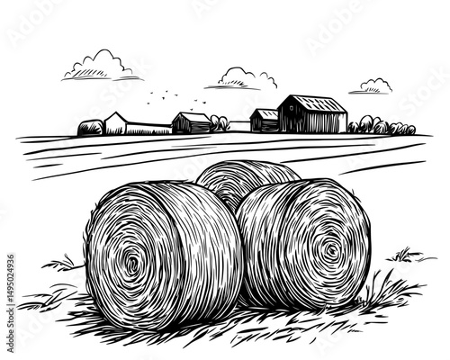 Countryside landscape depicted in a modern hand-drawn illustration with a sketch design and silhouette