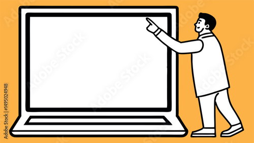 Flat illustration of an African man is pointing at a laptop with an empty screen