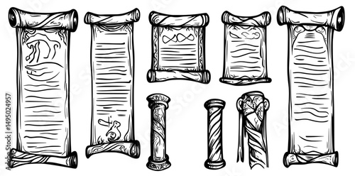 Featured in the modern historical pages set are a scroll paper sketch, ancient parchment rolls, medieval epistle letters, hand-drawn antique manuscripts, and papyrus, including isolated black and