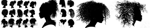 A set of illustrations featuring a girl with an afro silhouette, showcasing various stylized hairstyles on a black woman's face