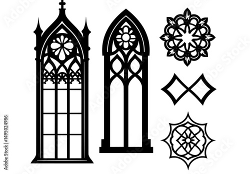 The medieval ornamental style of Gothic architectural glasses with geometrical decoration is often displayed in church windows, catholic mosaic portal frames, and is sometimes incorporated into