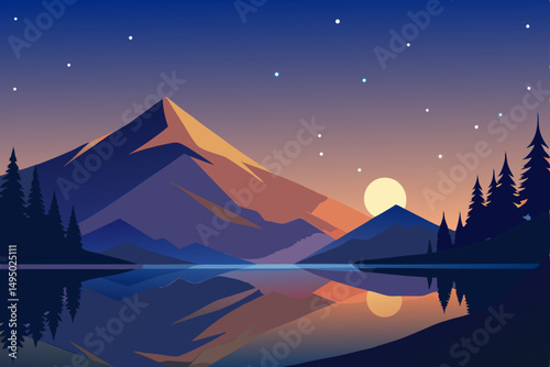Starry Night Over Peaceful Mountain Lake Vector Illustration