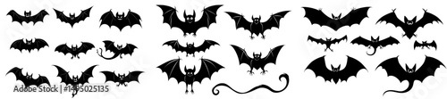 Silhouettes of flying bats are presented as isolated black bats and graphic vampire symbols in a set