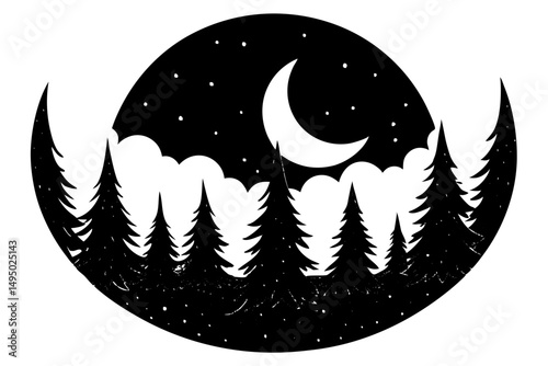 Crescent moon rising over a misty forest vector illustration
