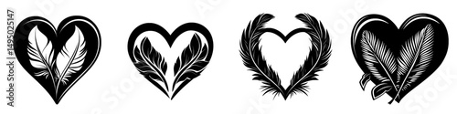 A stylized black heart shape formed by the silhouette of a bird's feather, ideal for modern ornate illustrations used in tattoos, emblems, icons, greeting cards, and love concepts