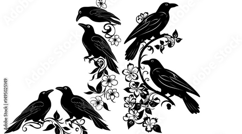 A calligraphic ornament in an antique style, complete with raven birds, forms a copy space frame, set against a modern black and white decorative background with a page border and corners, evoking