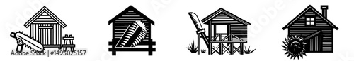 Modern illustration of lumber flat icons, including a log, plank, polishing grinder, saw, lumberjack, cutting, and carpentry glyph silhouette pictogram for wood cutting in black color signs