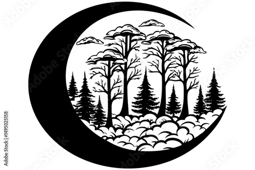 Crescent moon rising over a misty forest vector illustration