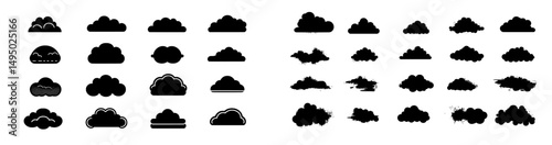 A modern set of cloud shapes and fluffy cloud silhouettes comprise a collection of various forms and contours, useful as design elements for weather forecasts, web interfaces, or cloud storage