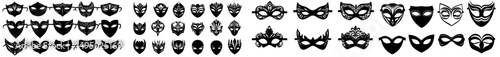A set of modern icons featuring a masked superhero, carnival villain, or burglar, including a black masquerade costume eye mask that silhouettes a hidden person's face, is represented by a simple