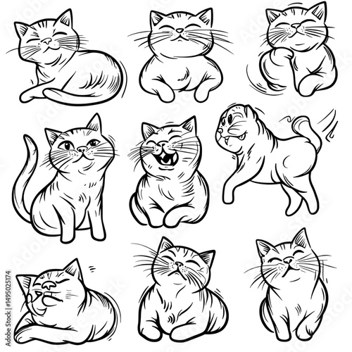 Hand drawn cats are illustrated as cute pets in a cartoon doodle with variable line characters