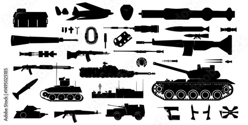 Realistic military vehicles and firearms are showcased in a modern illustration as part of an armed forces silhouette set