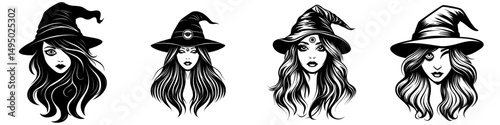 A youthful and attractive witch embodies mysticism, surrounded by elements of alchemy, spirituality, occultism, and tattoo art, in a solitary black and white modern illustration symbolizing Halloween