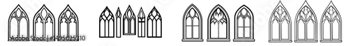 Gothic windows form a set, showcasing silhouettes of vintage stained glass frames from a church, which is an element of traditional European architecture, presented in a modern outline illustration