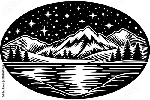 Starry night over a peaceful mountain lake vector illustration
