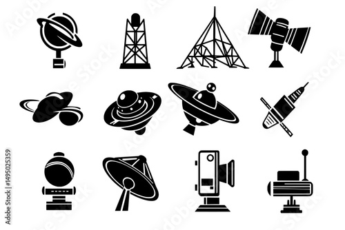 Wireless satellite technology is represented by a set of icons, including an antenna, satellite, and satellite dish, in a modern illustration