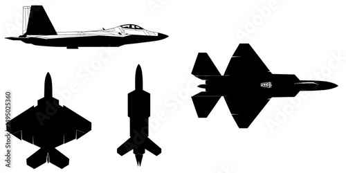 A modern illustration silhouette of the F-22 A Raptor multirole aircraft is shown in isolation