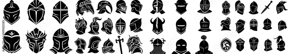 A collection of modern, isolated medieval helmets, featuring ancient warrior knight head armor with visor plumage and spartan fighter protective elements in a flat style