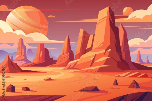 Surreal desert with enormous otherworldly rock formations vector illustration