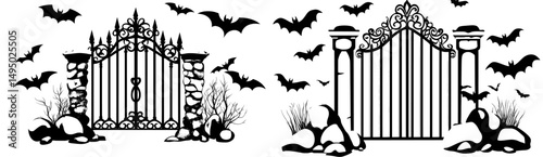 The entrance to a mansion or cemetery is often characterized by a gothic gate, which is typically an old, metal, wrought fence that adds to the horror and spooky atmosphere of the surrounding park or