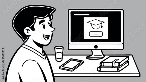 Smiling student watches graduation cap symbol on desktop monitor during an online learning course