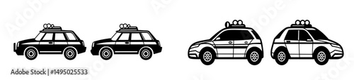 The icon set features a modern black car equipped with a siren light, suitable for representing patrol or sheriff cars