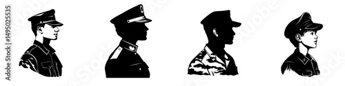A modern icon silhouette of a young police officer is seen from the side, isolated on a plain white background, depicted in a simple flat monochrome drawing